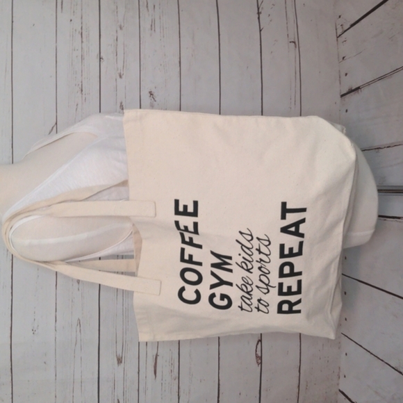 Coffee, Gym,‎ Take Kids to Sports, Repeat Natural Canvas Reusable Tote Bag - Picture 3 of 11